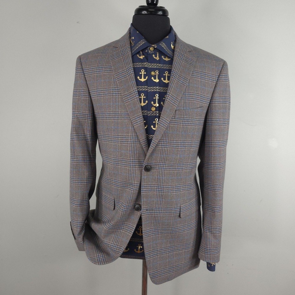 Crown & Ivy Blazer Mens 40R Brown Blue Plaid Stretch Sport Coat Jacket Fall